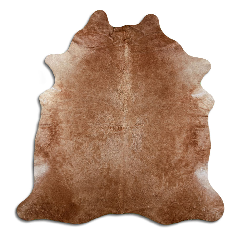 Brown cowhide rug of about 210 × 200 cm, seen from above: the exact hide you receive
