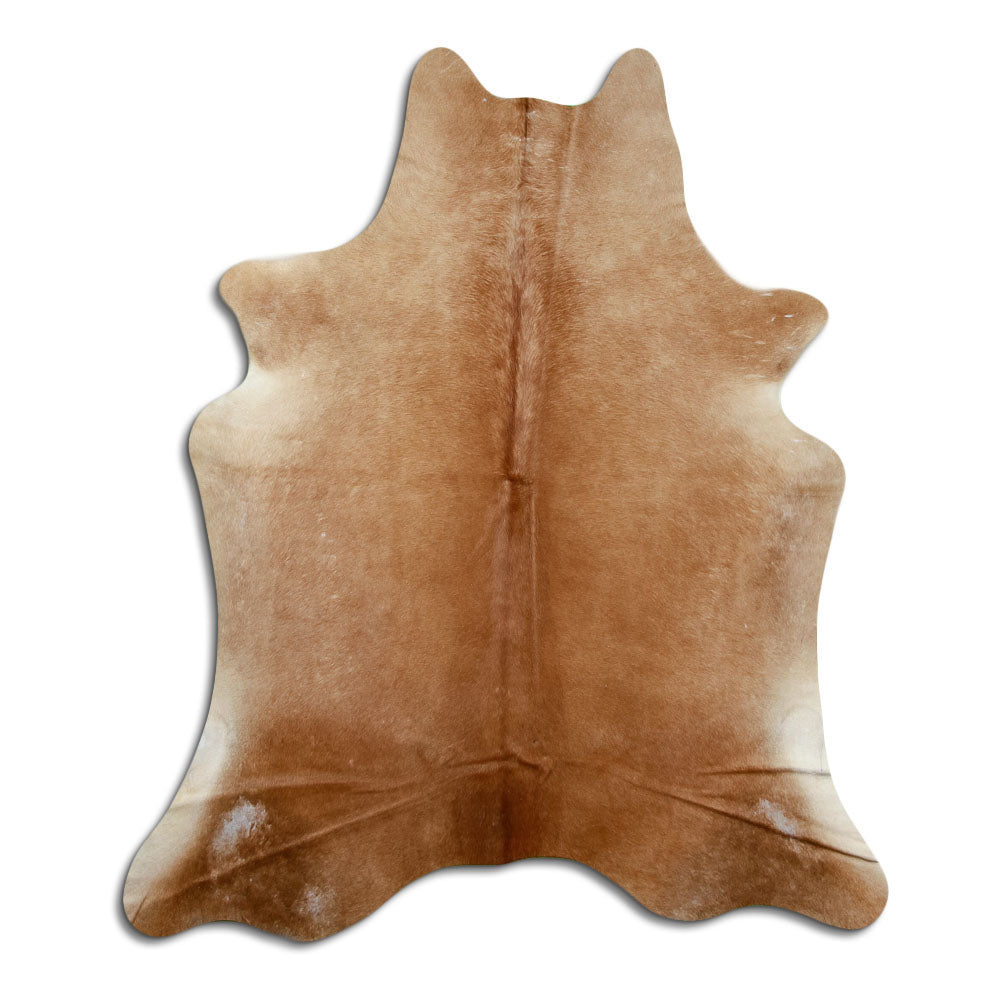 Brown cowhide rug of about 210 × 180 cm, seen from above: the exact hide you receive