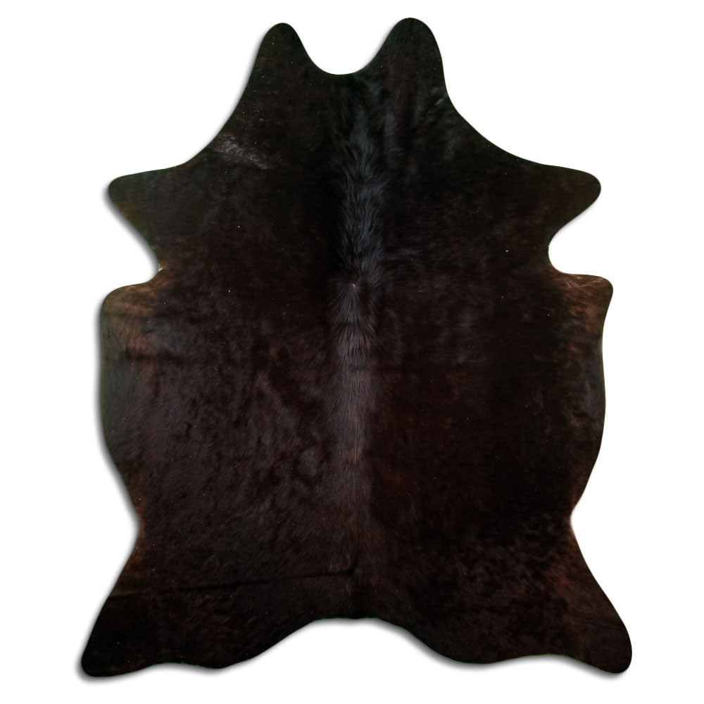 Brown cowhide rug of about 200 × 170 cm, seen from above: the exact hide you receive