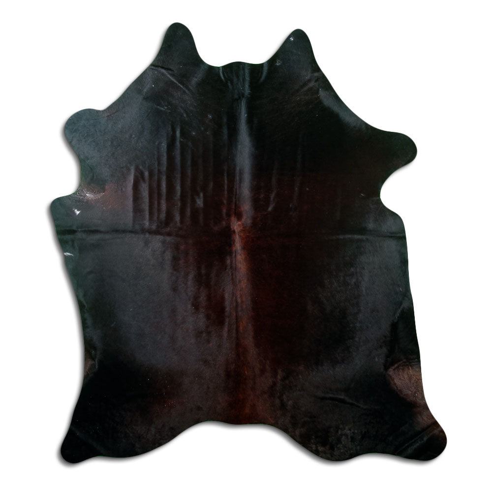 Brown cowhide rug of about 200 × 170 cm, seen from above: the exact hide you receive