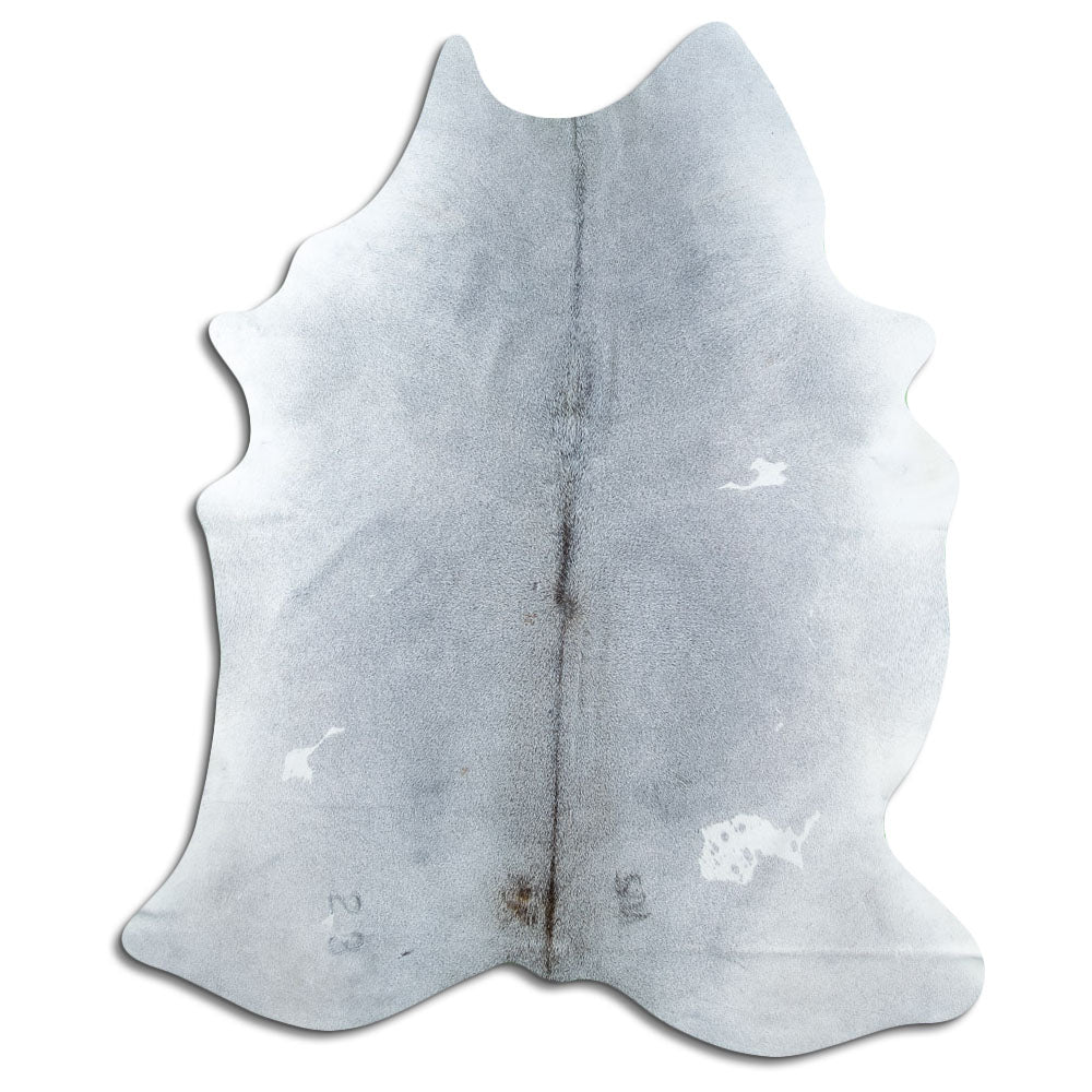 Grey cowhide rug of about 200 × 170 cm, seen from above: the exact hide you receive