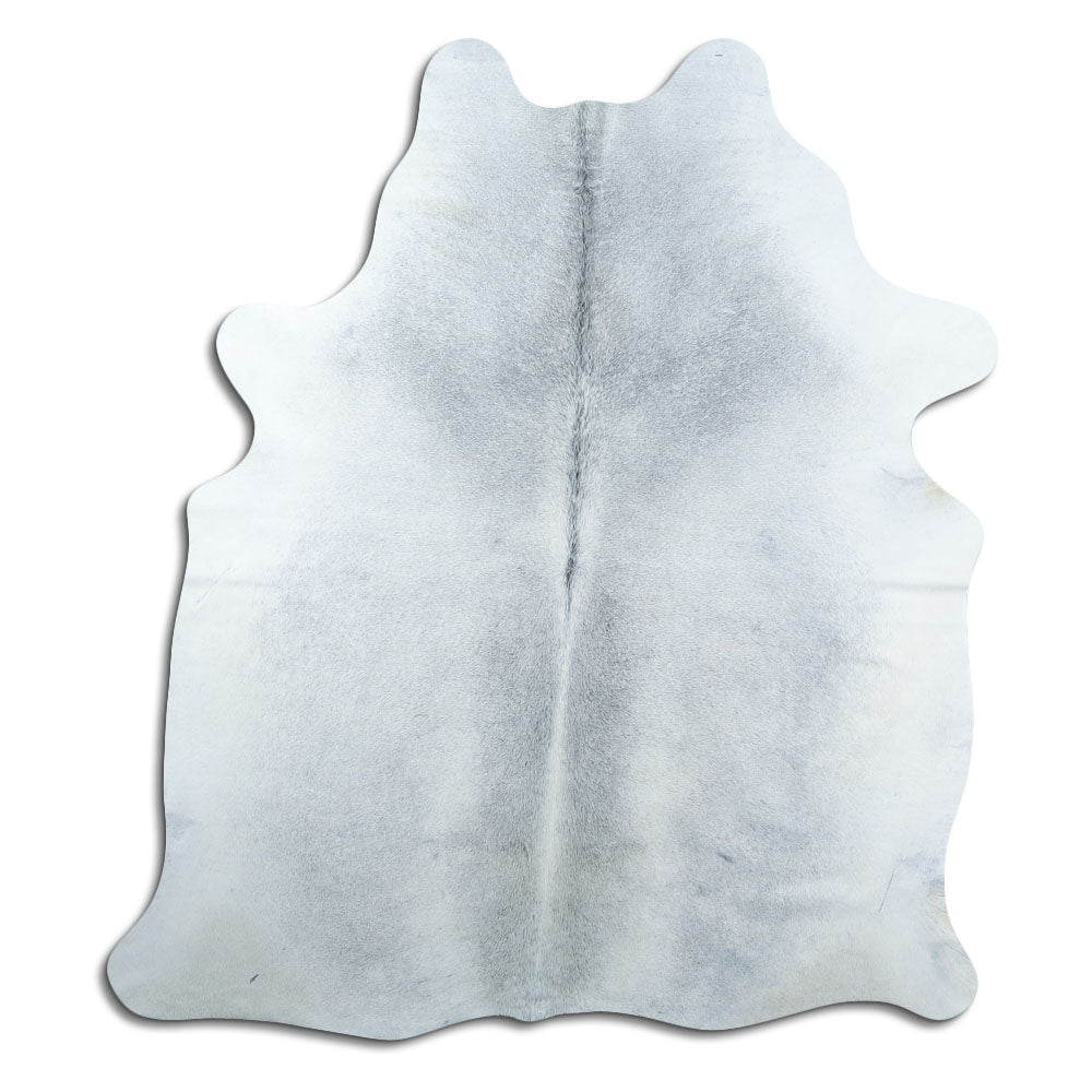 Grey cowhide rug of about 190 × 170 cm, seen from above: the exact hide you receive