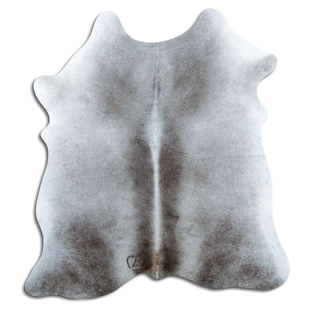 Grey cowhide rug of about 160 × 150 cm, seen from above: the exact hide you receive