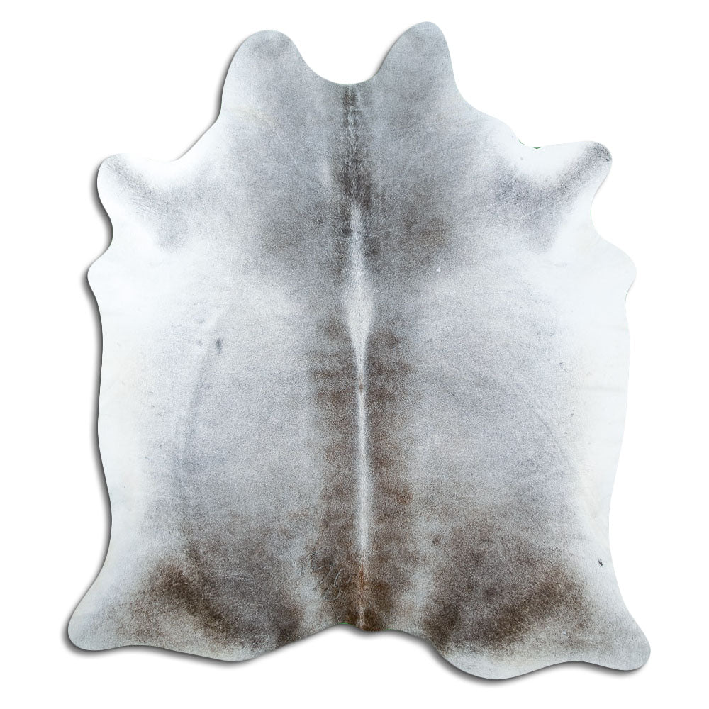 Grey cowhide rug of about 190 × 170 cm, seen from above: the exact hide you receive