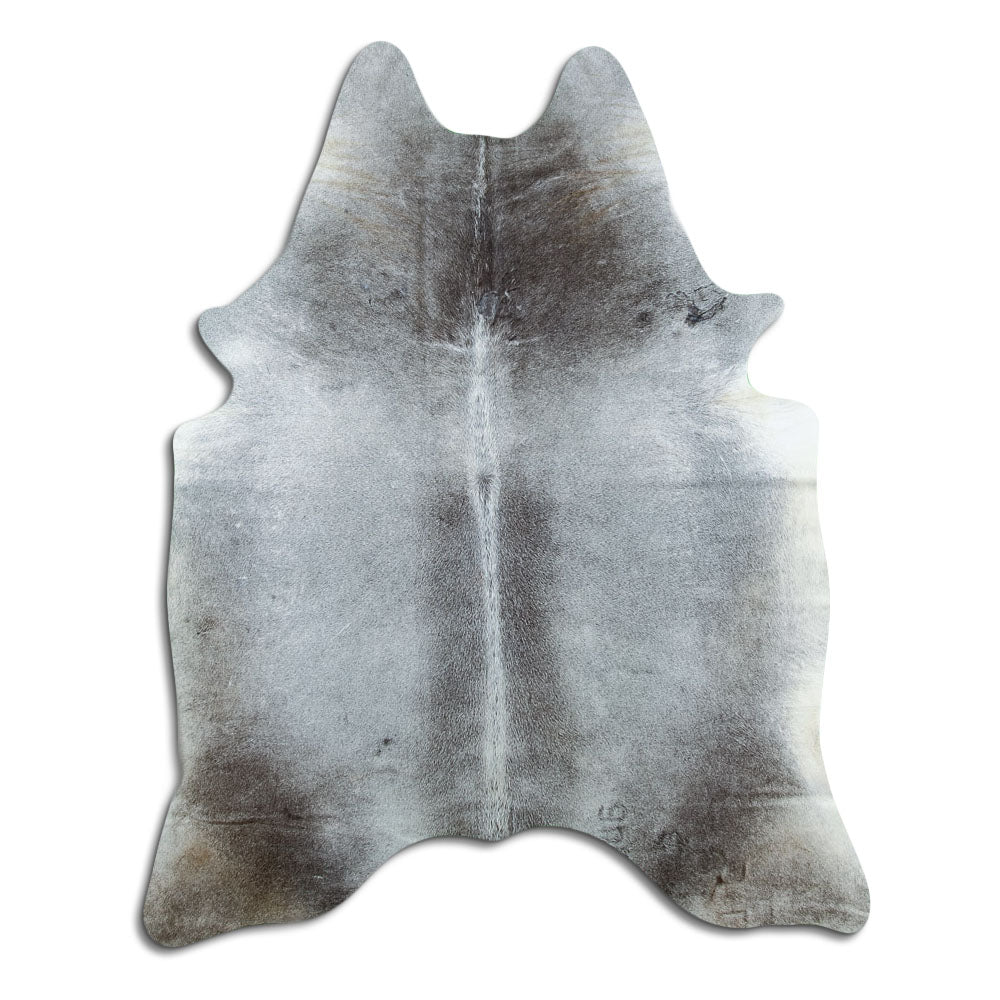 Grey cowhide rug of about 200 × 160 cm, seen from above: the exact hide you receive
