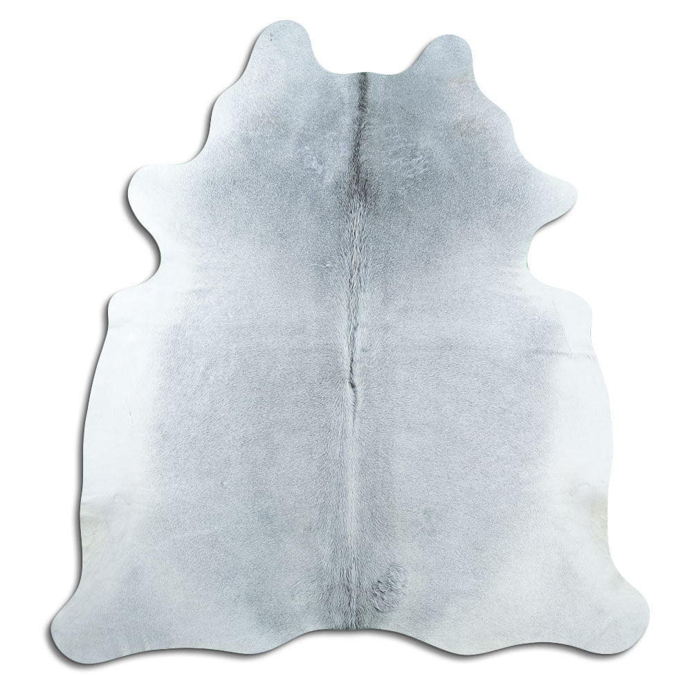 Grey cowhide rug of about 190 × 180 cm, seen from above: the exact hide you receive