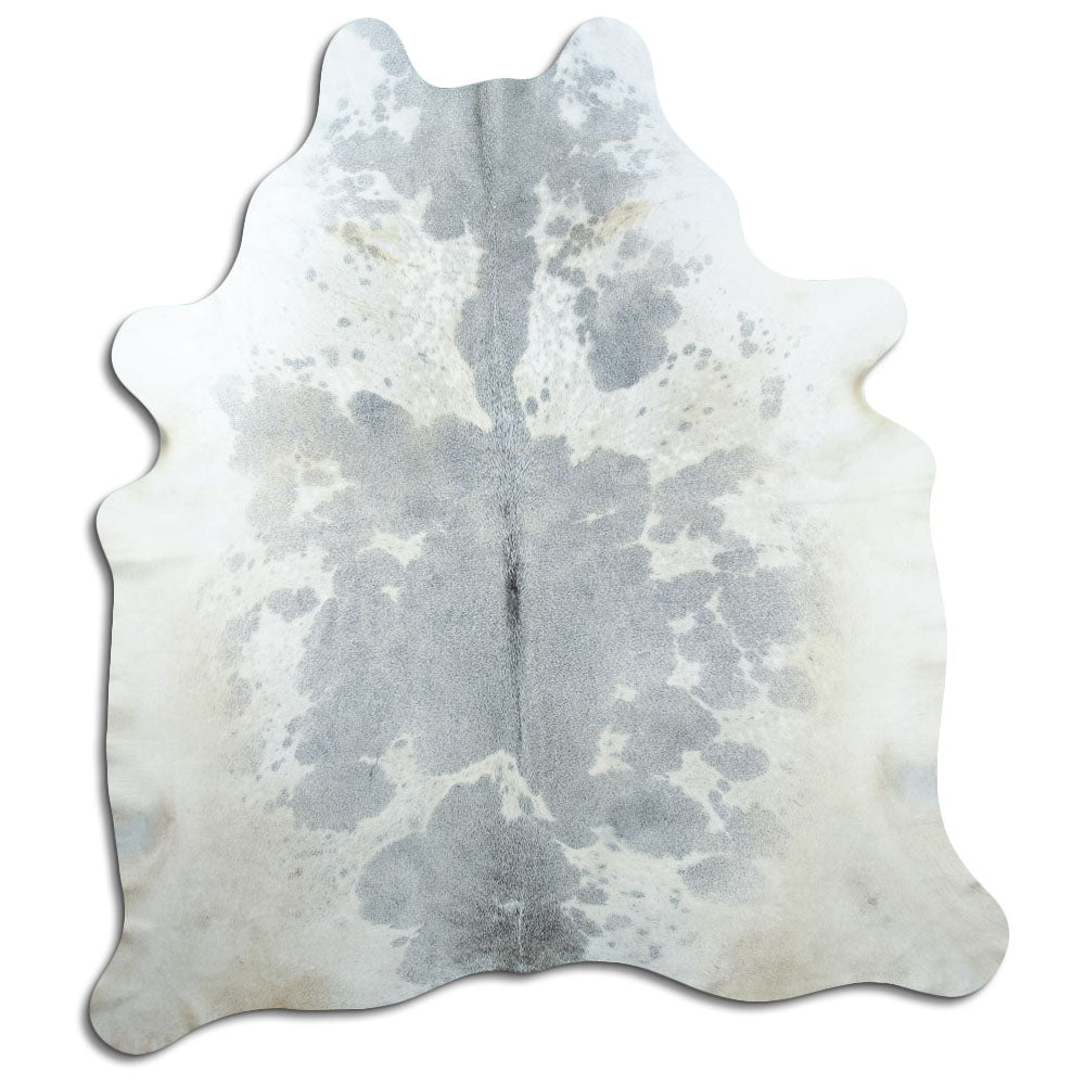 Grey cowhide rug of about 230 × 200 cm, seen from above: the exact hide you receive