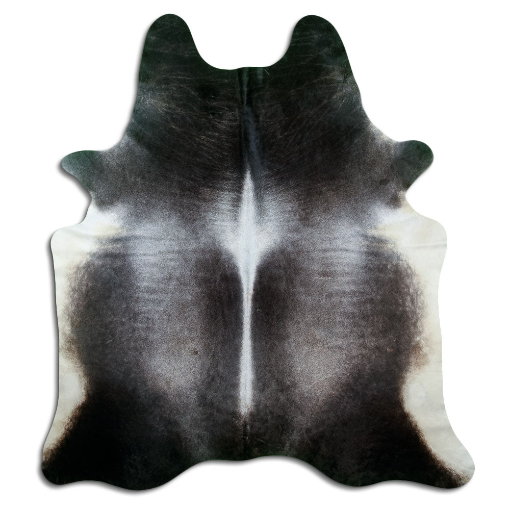 Grey cowhide rug of about 220 × 200 cm, seen from above: the exact hide you receive