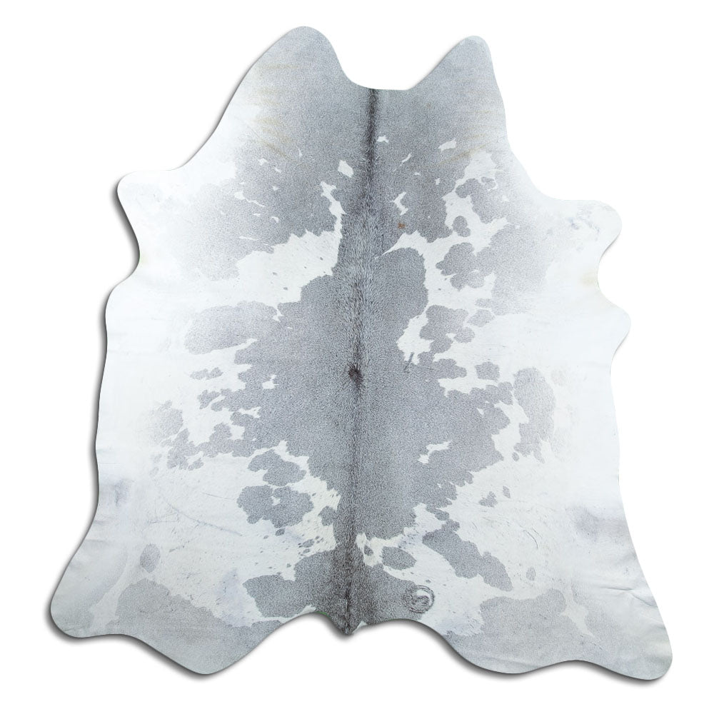 Grey cowhide rug of about 220 × 210 cm, seen from above: the exact hide you receive