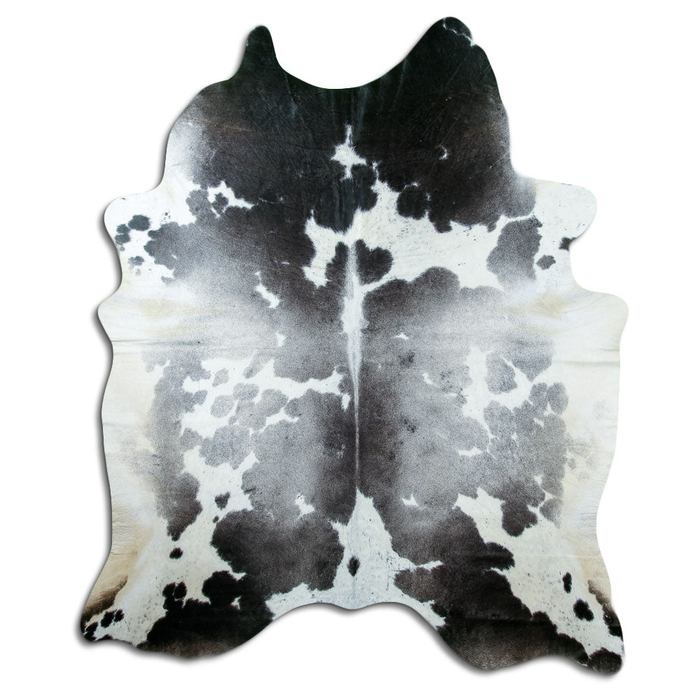 Grey cowhide rug of about 220 × 180 cm, seen from above: the exact hide you receive
