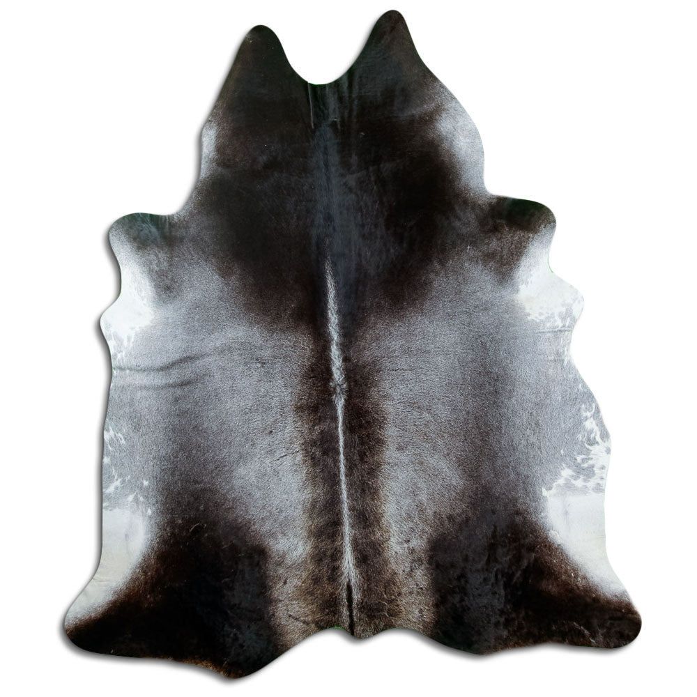 Grey cowhide rug of about 220 × 200 cm, seen from above: the exact hide you receive