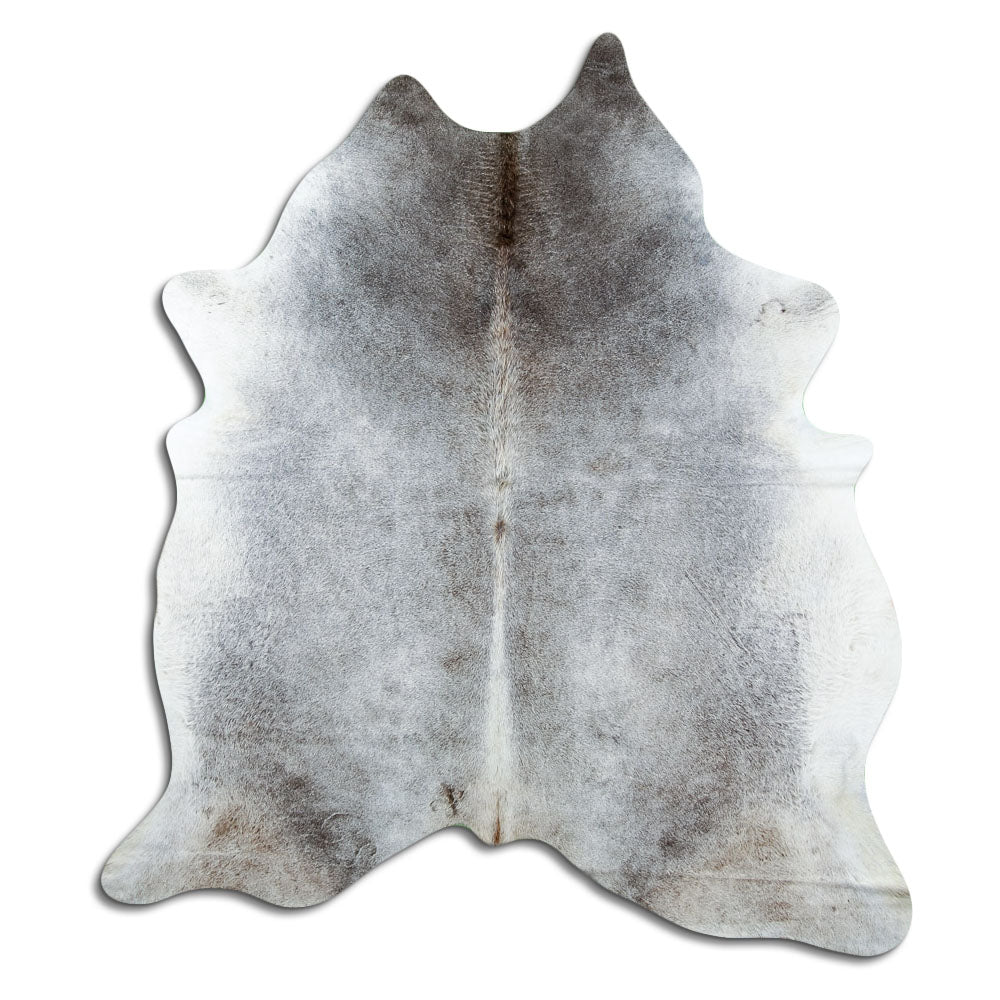 Grey cowhide rug of about 210 × 200 cm, seen from above: the exact hide you receive