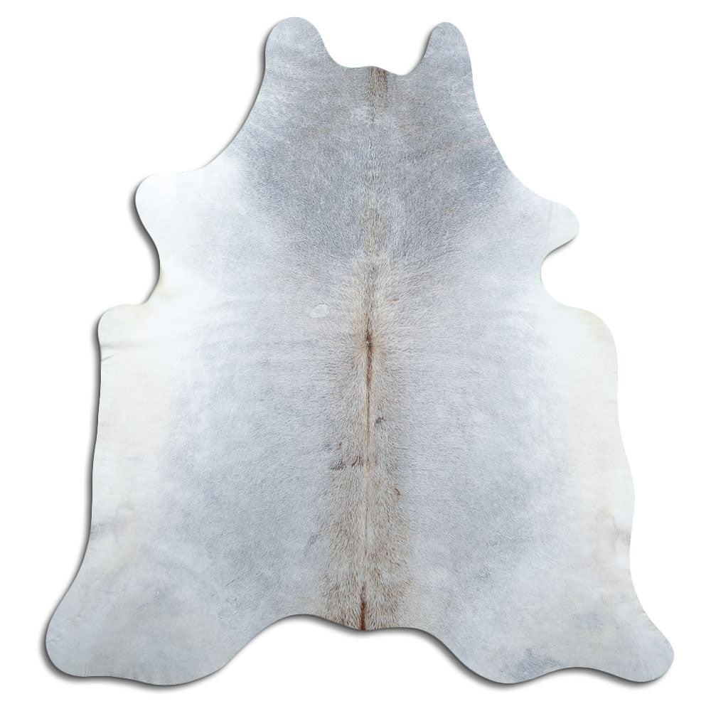 Grey cowhide rug of about 200 × 190 cm, seen from above: the exact hide you receive