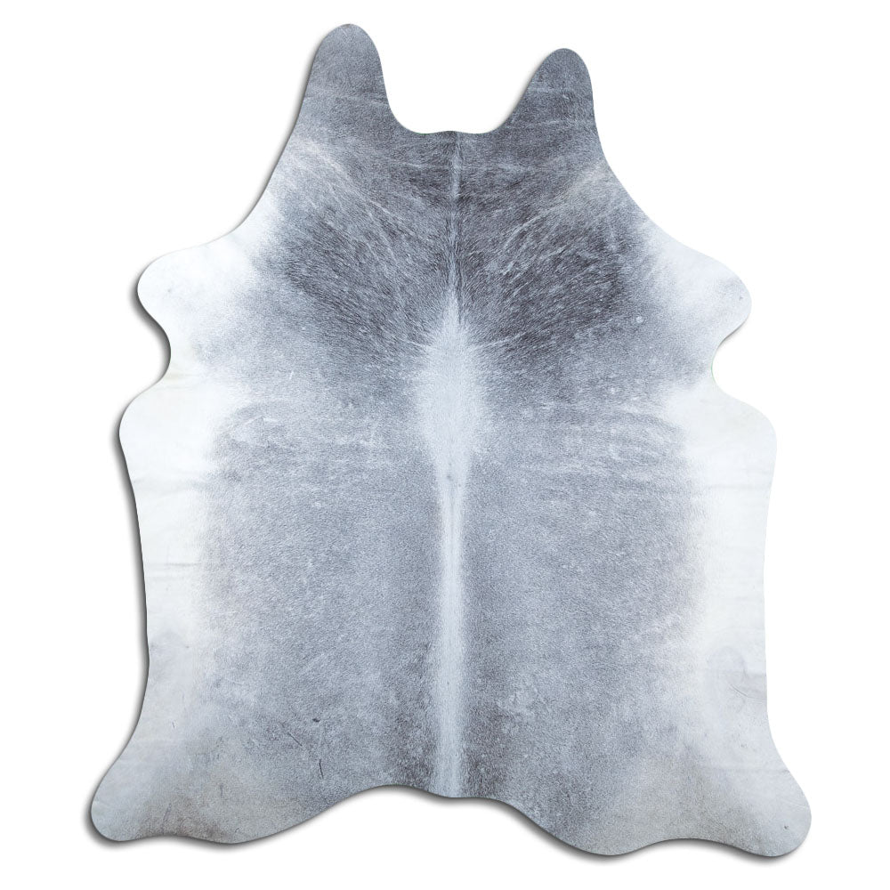 Grey cowhide rug of about 230 × 200 cm, seen from above: the exact hide you receive
