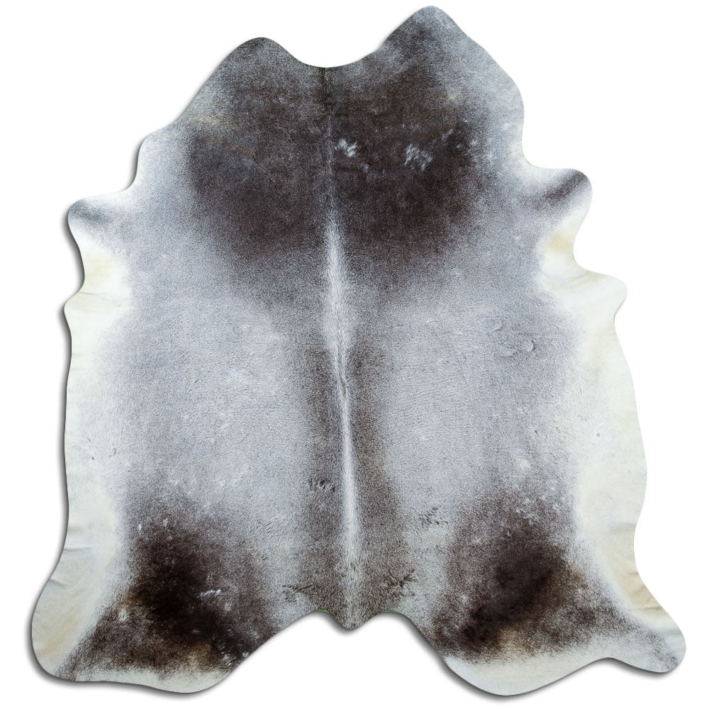 Grey cowhide rug of about 220 × 220 cm, seen from above: the exact hide you receive