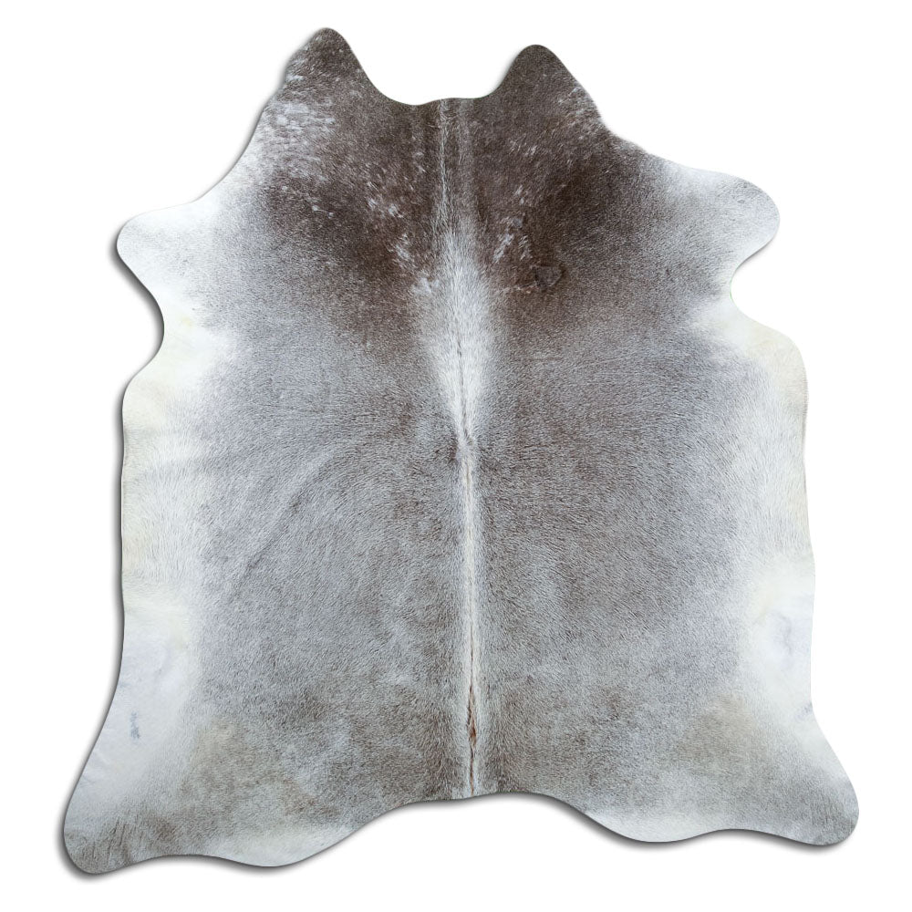 Grey cowhide rug of about 210 × 200 cm, seen from above: the exact hide you receive