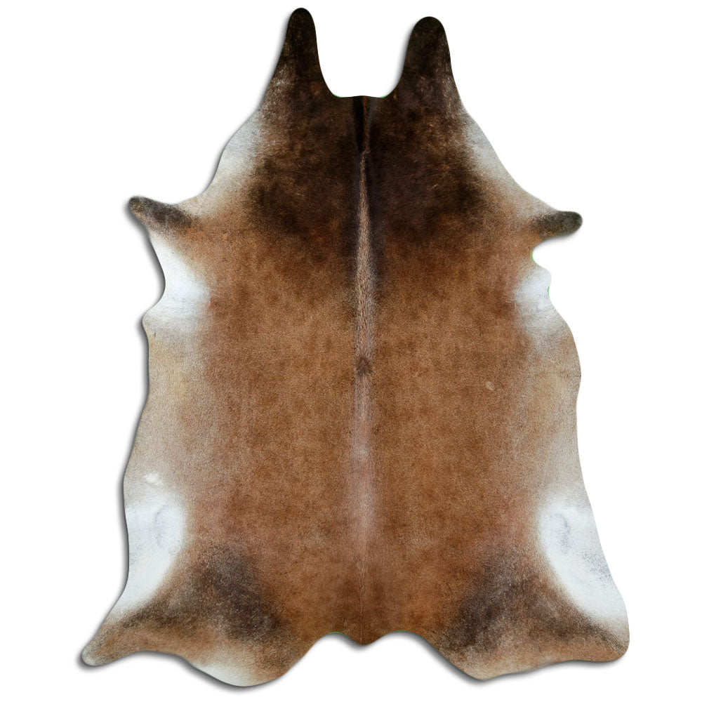 Brown cowhide rug of about 240 × 190 cm, seen from above: the exact hide you receive