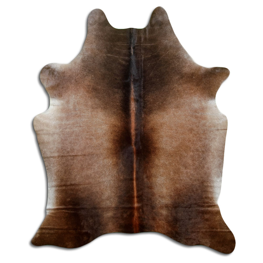 Brown cowhide rug of about 210 × 170 cm, seen from above: the exact hide you receive