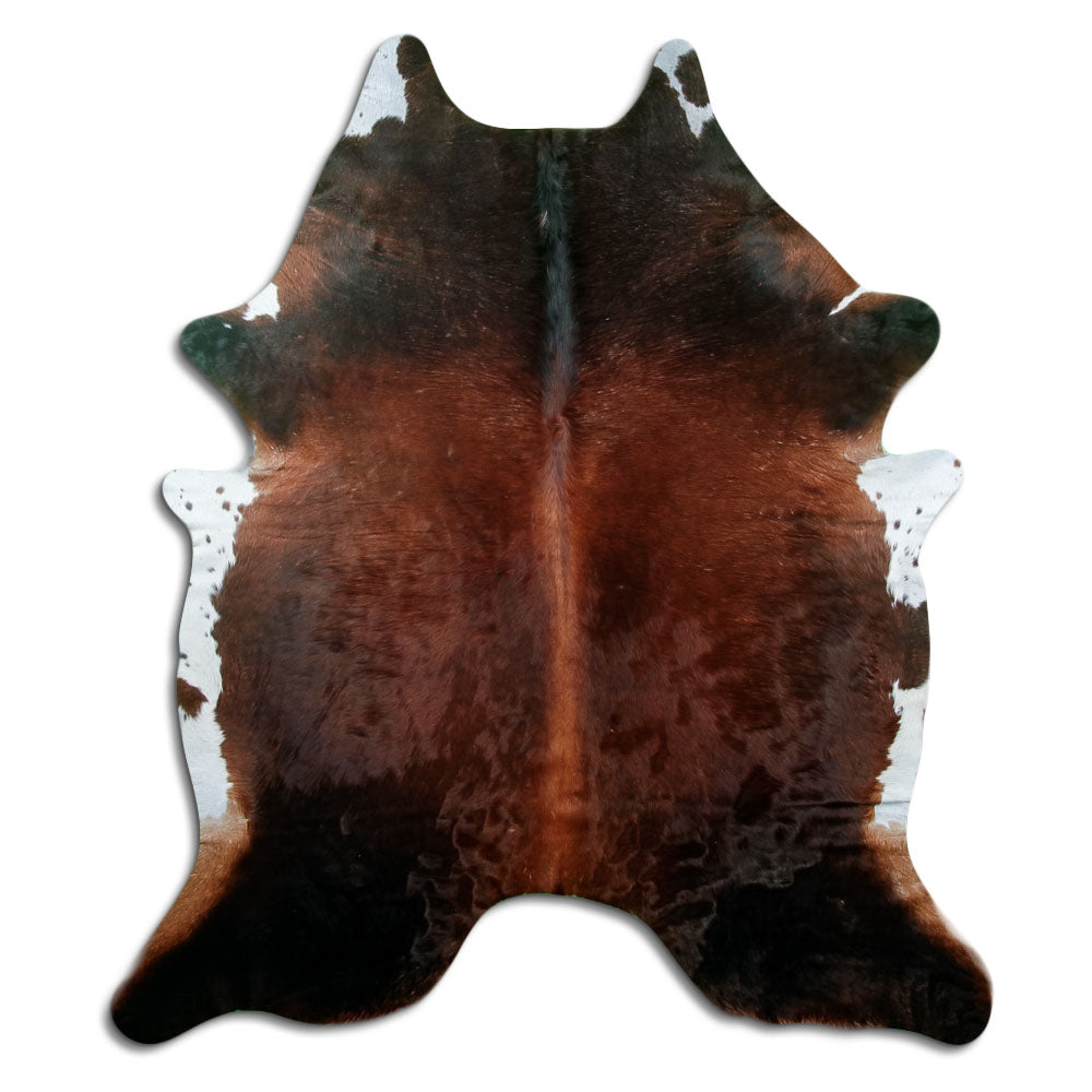 Brown cowhide rug of about 200 × 180 cm, seen from above: the exact hide you receive