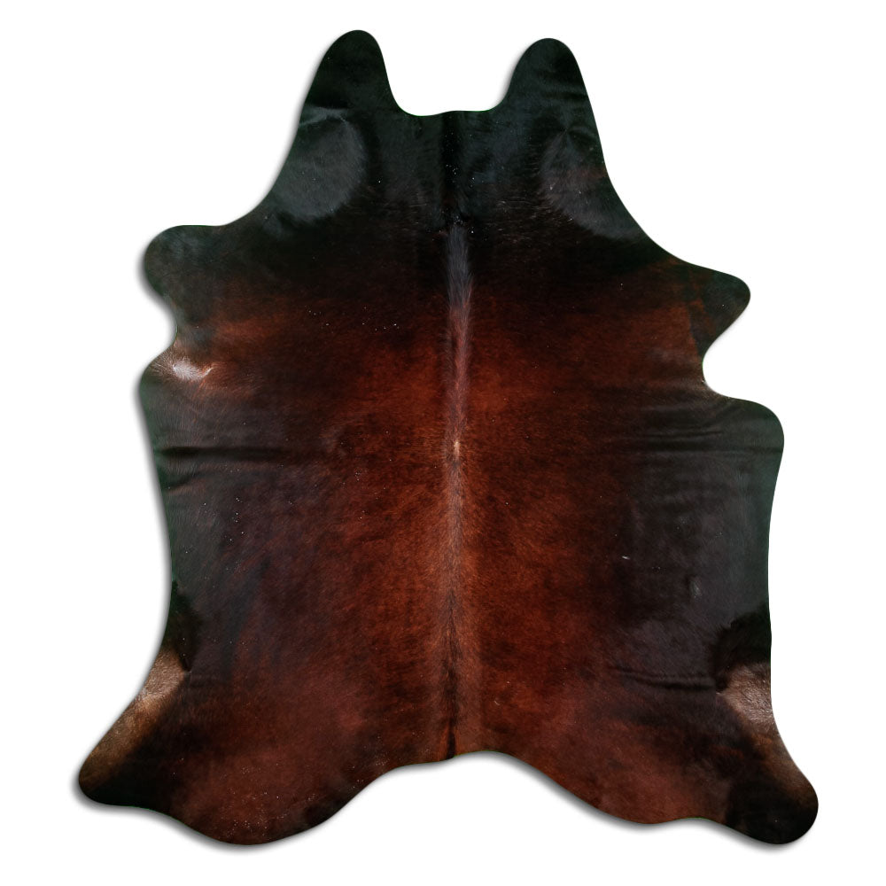 Brown cowhide rug of about 200 × 190 cm, seen from above: the exact hide you receive