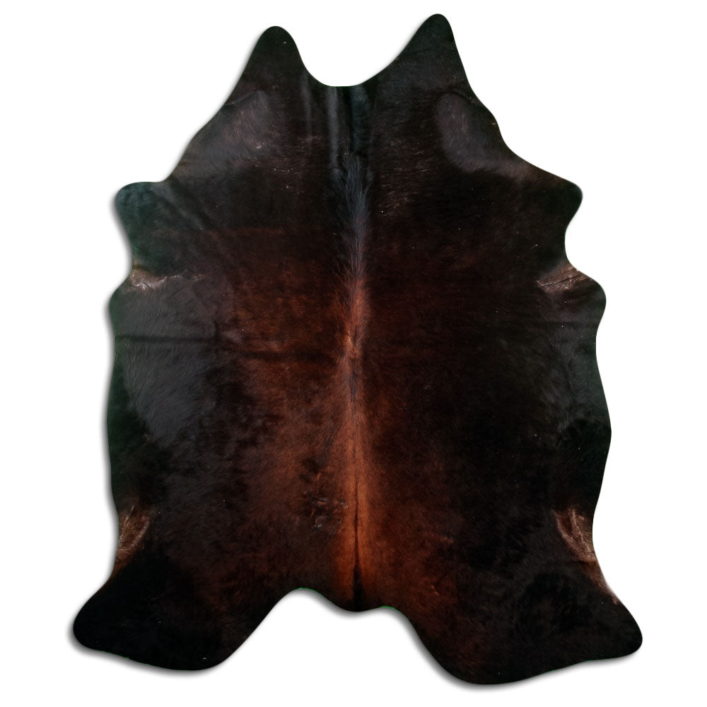 Brown cowhide rug of about 200 × 170 cm, seen from above: the exact hide you receive