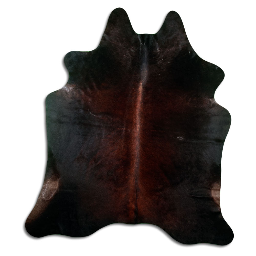 Brown cowhide rug of about 200 × 180 cm, seen from above: the exact hide you receive