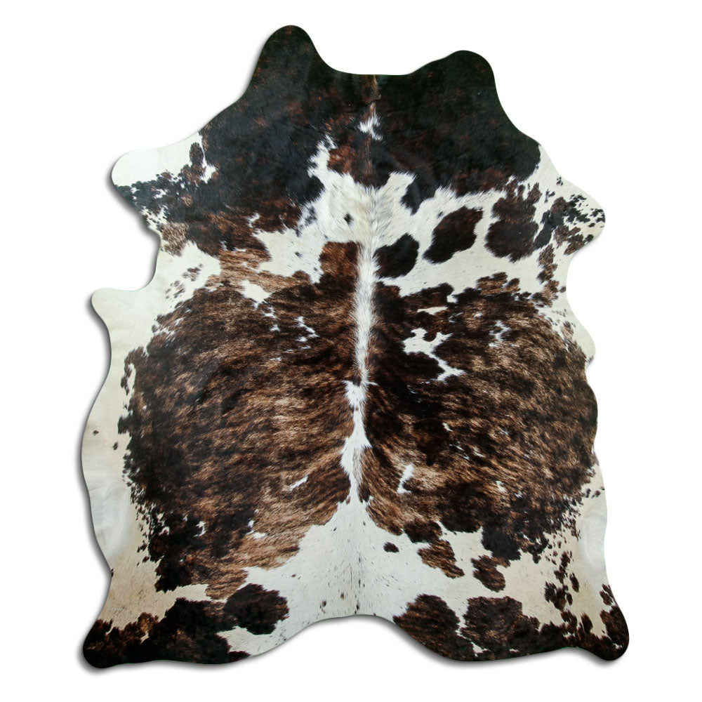 Tricolour cowhide rug of about 200 × 180 cm, seen from above: the exact hide you receive