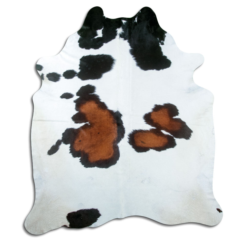Tricolour cowhide rug of about 230 × 200 cm, seen from above: the exact hide you receive