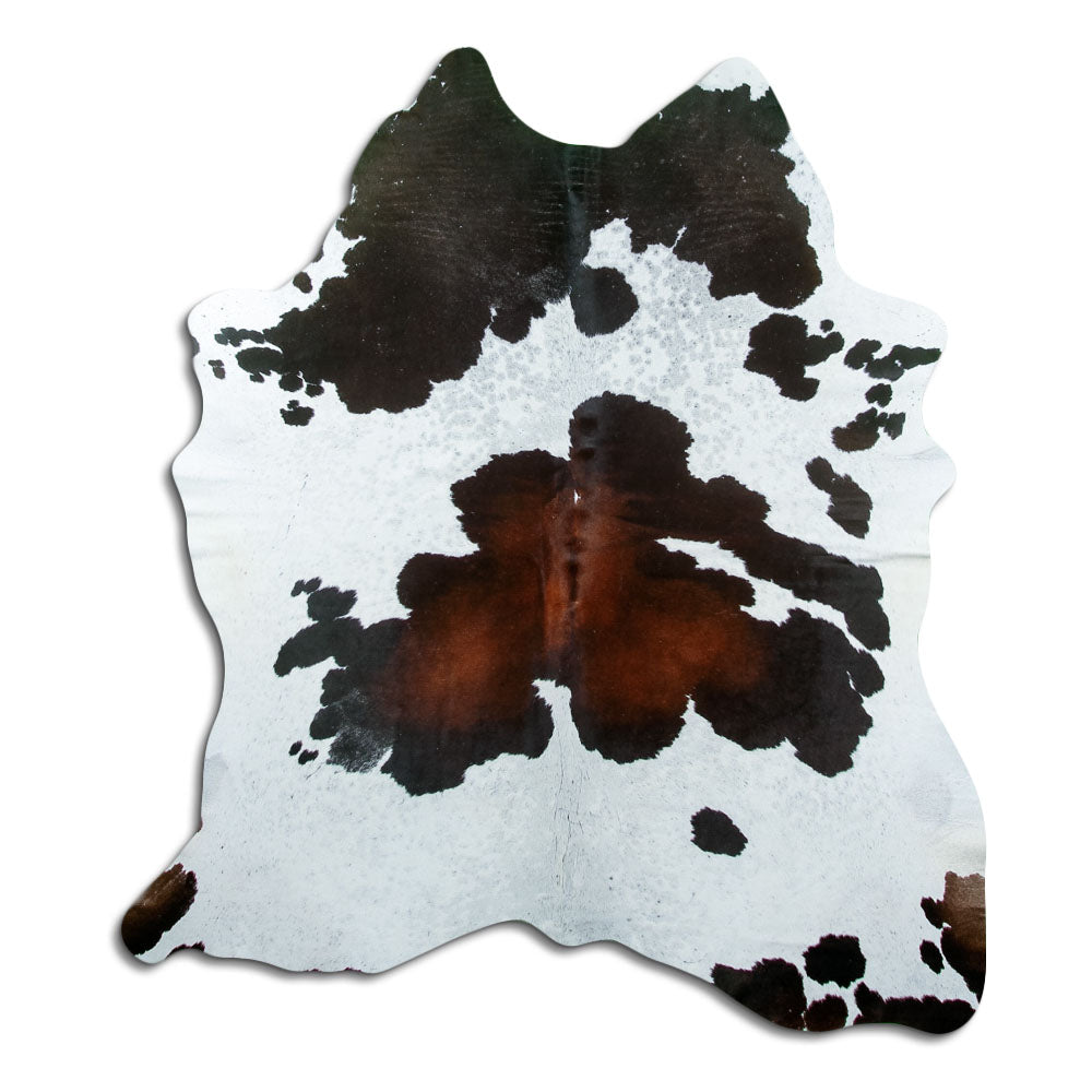Tricolour cowhide rug of about 190 × 170 cm, seen from above: the exact hide you receive