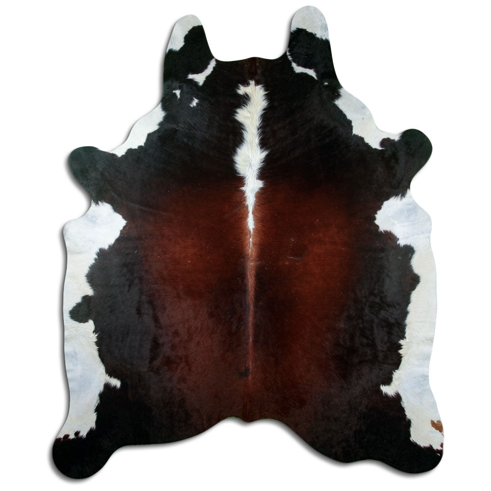 Tricolour cowhide rug of about 240 × 200 cm, seen from above: the exact hide you receive