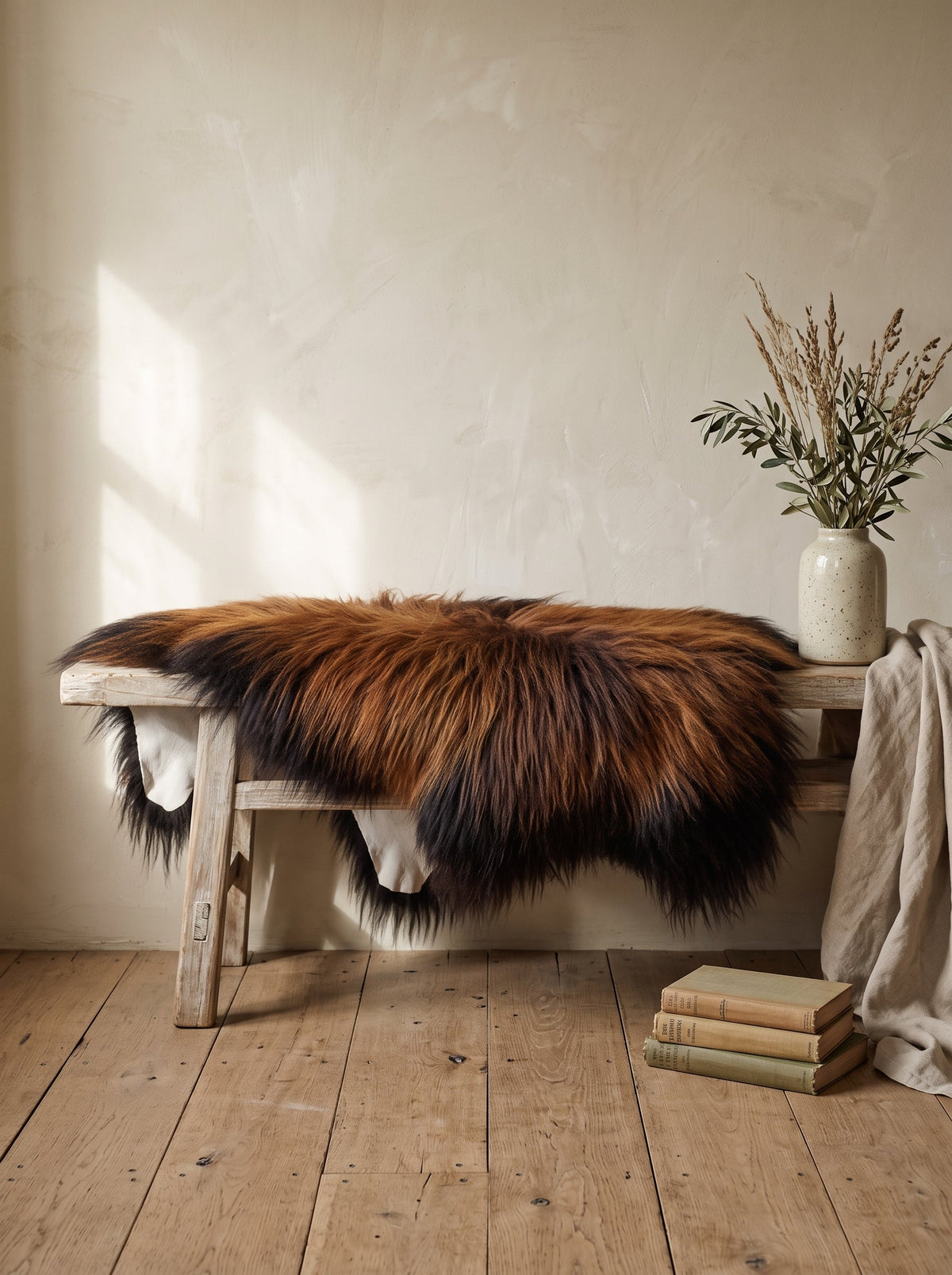 Icelandic Rusty sheepskin on a wooden bench