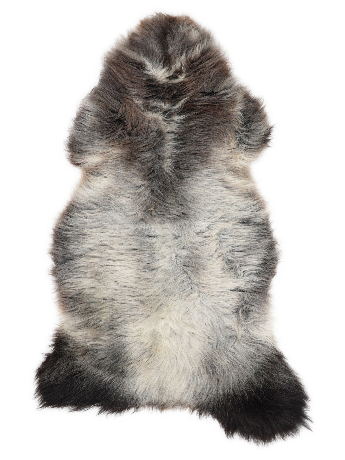 British multicolour sheepskin rug of about 130 × 65 cm, seen from above: the exact sheepskin you receive