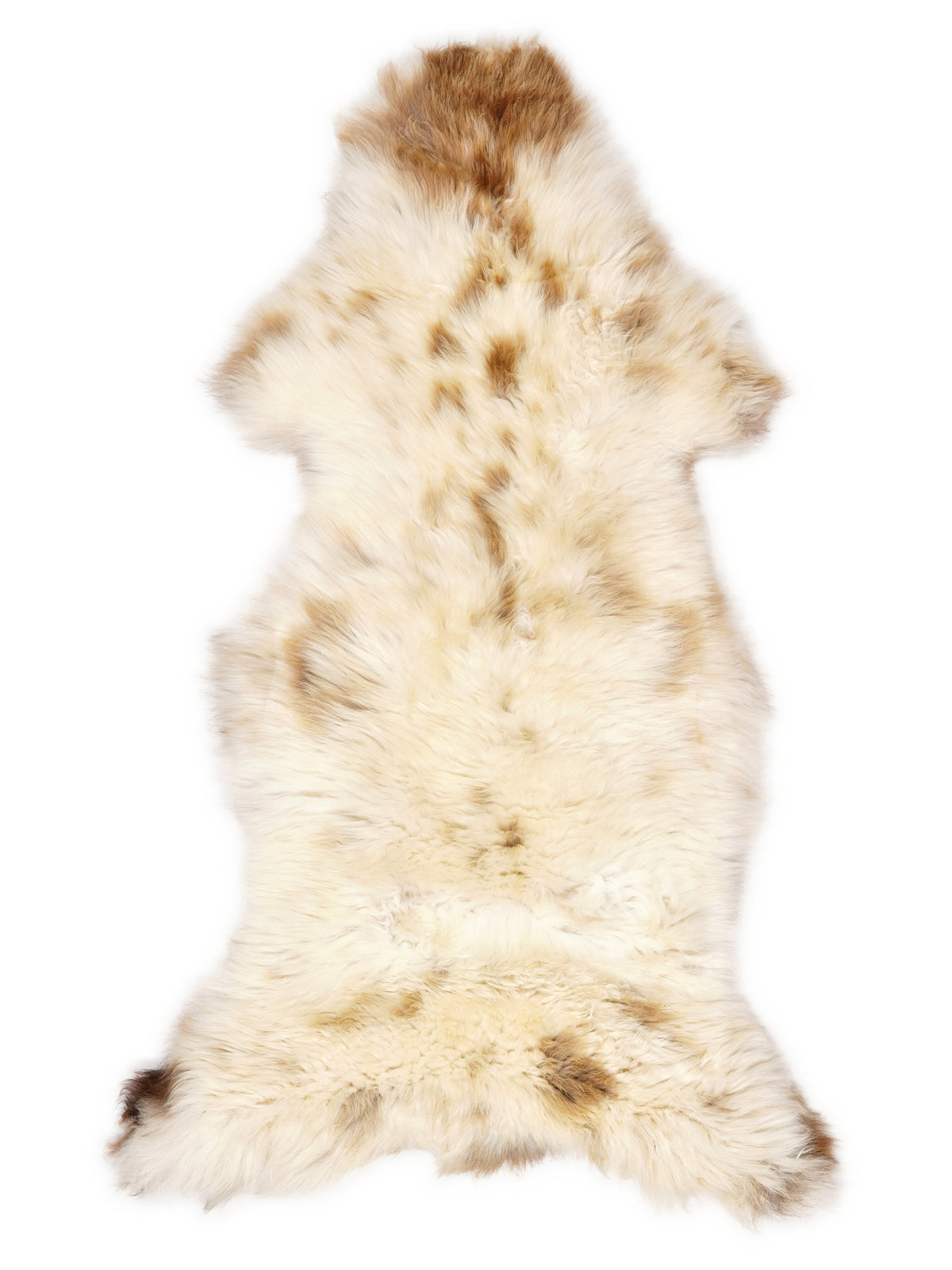 British multicolour sheepskin rug of about 130 × 55 cm, seen from above: the exact sheepskin you receive