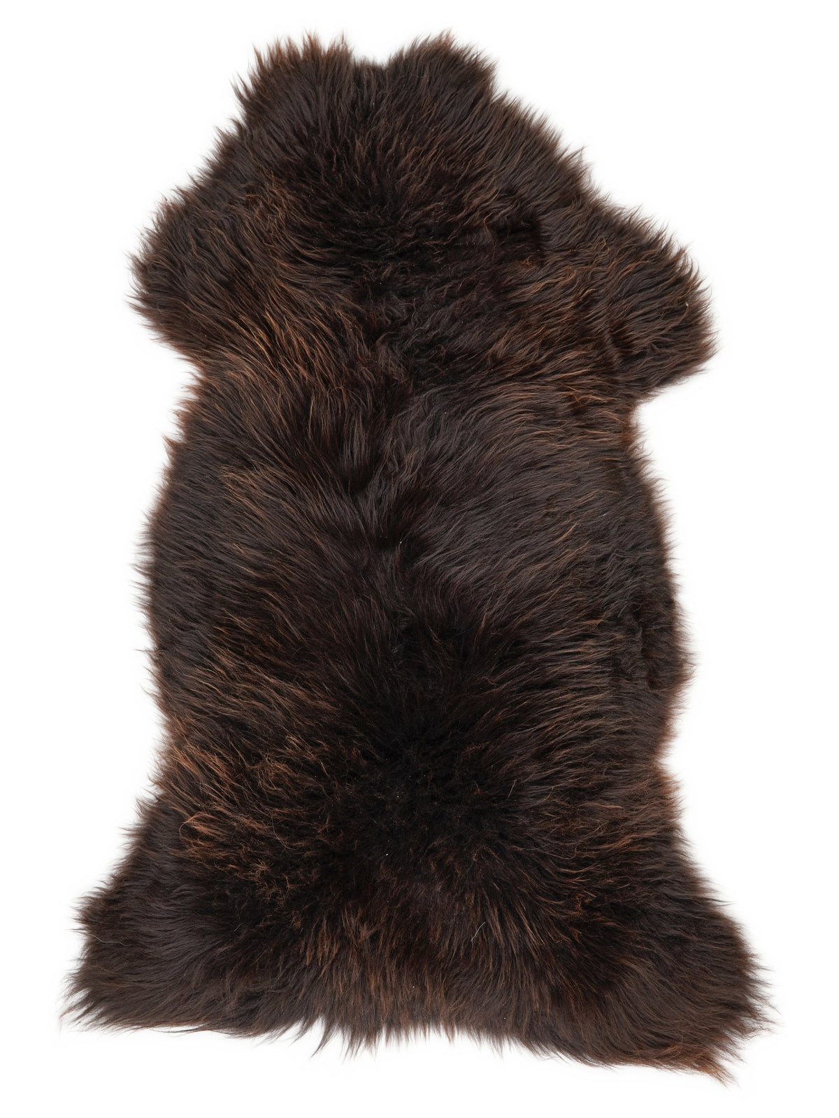 Brown sheepskin rug of about 130 × 65 cm, seen from above: the exact sheepskin you receive