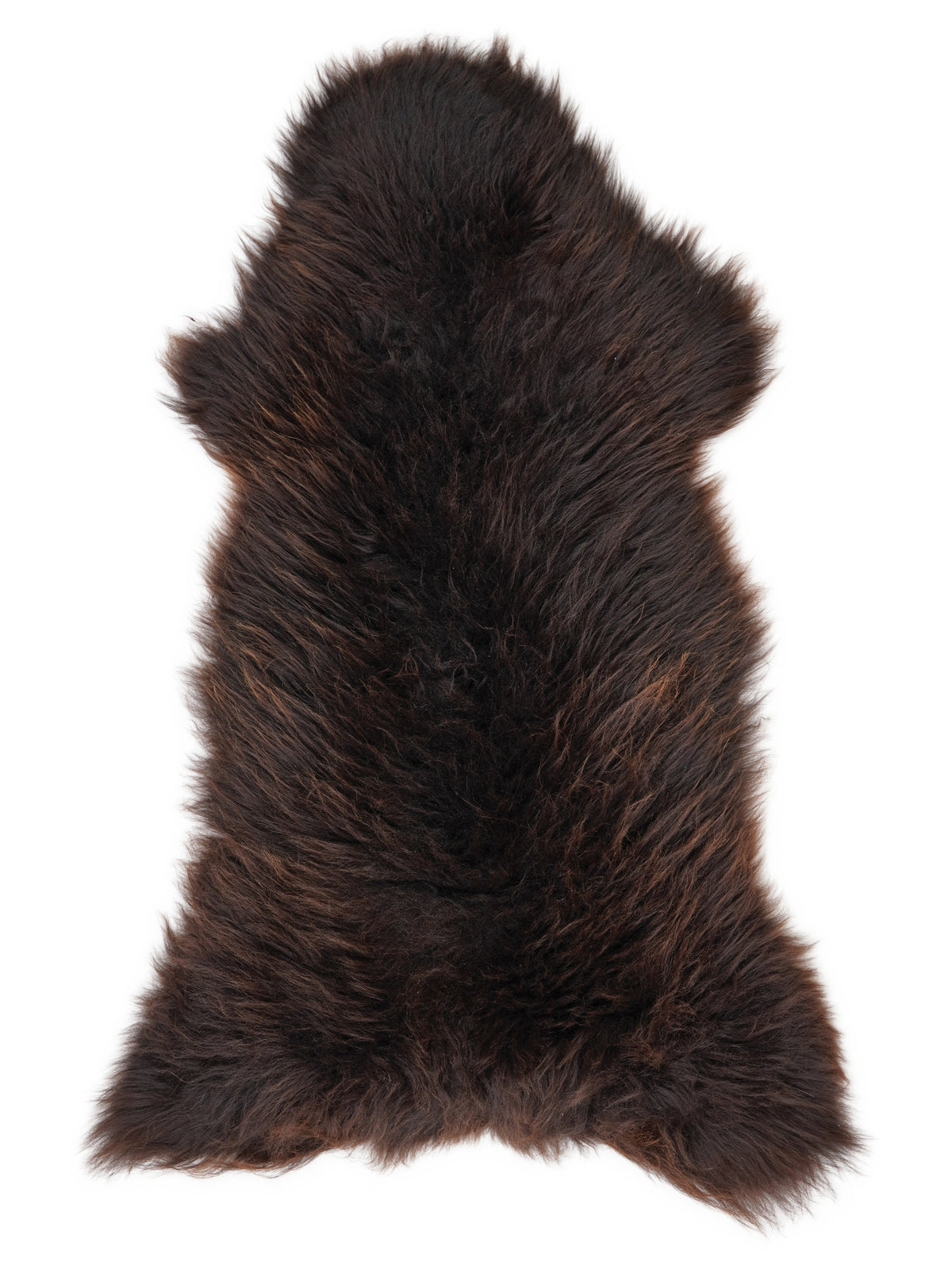 Brown sheepskin rug of about 135 × 60 cm, seen from above: the exact sheepskin you receive