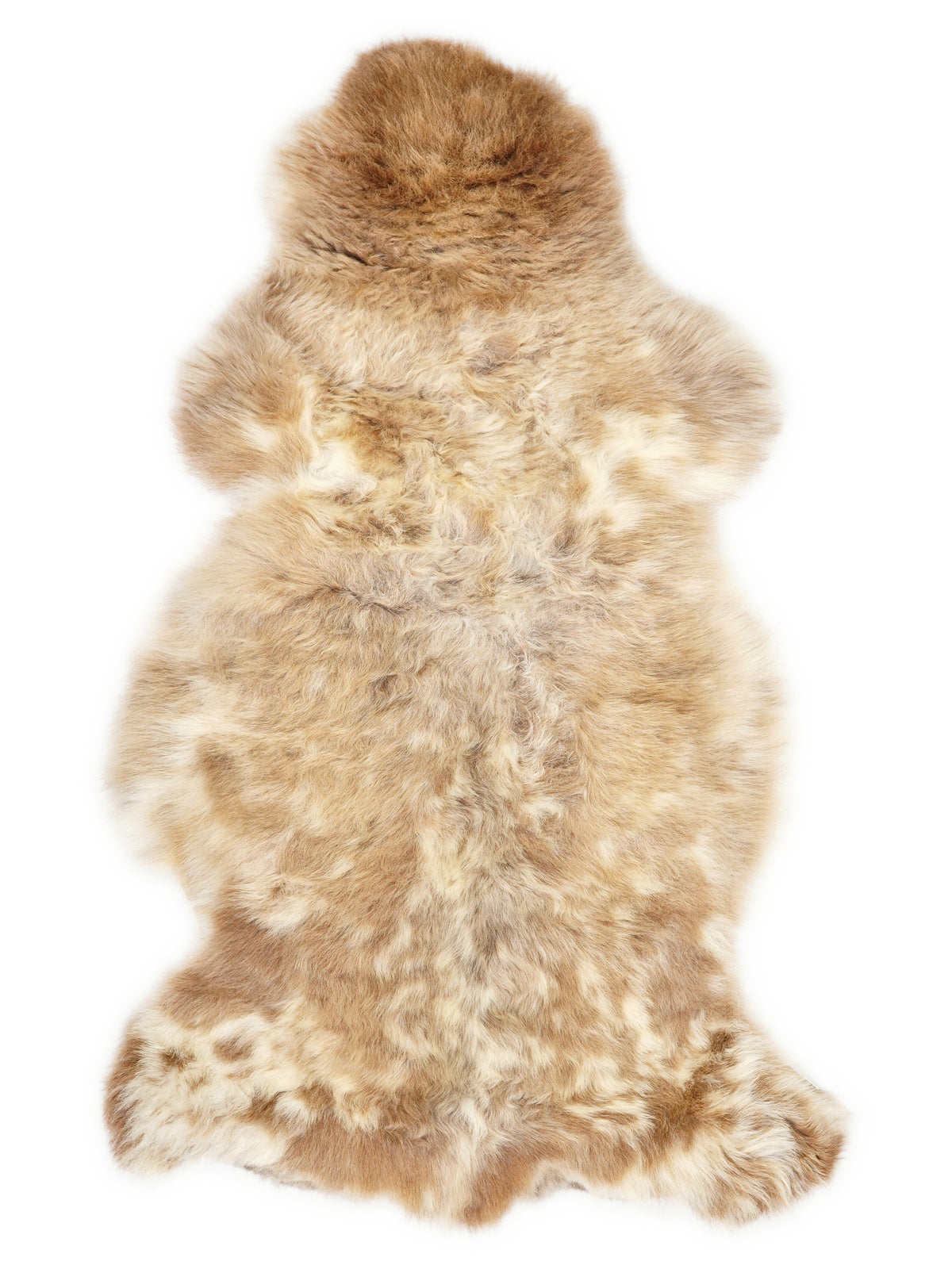 British multicolour sheepskin rug of about 105 × 55 cm, seen from above: the exact sheepskin you receive