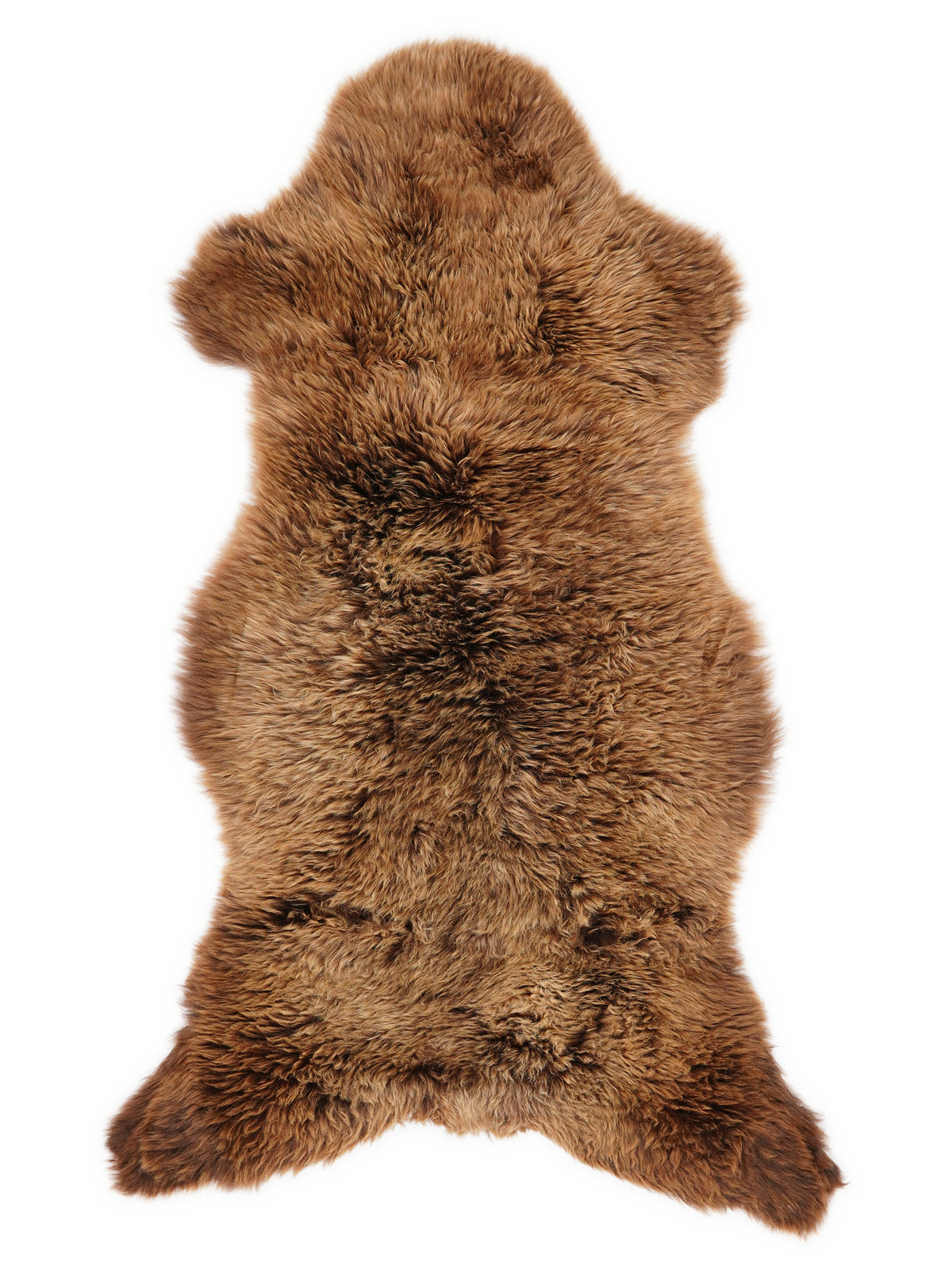 Brown sheepskin rug of about 125 × 60 cm, seen from above: the exact sheepskin you receive