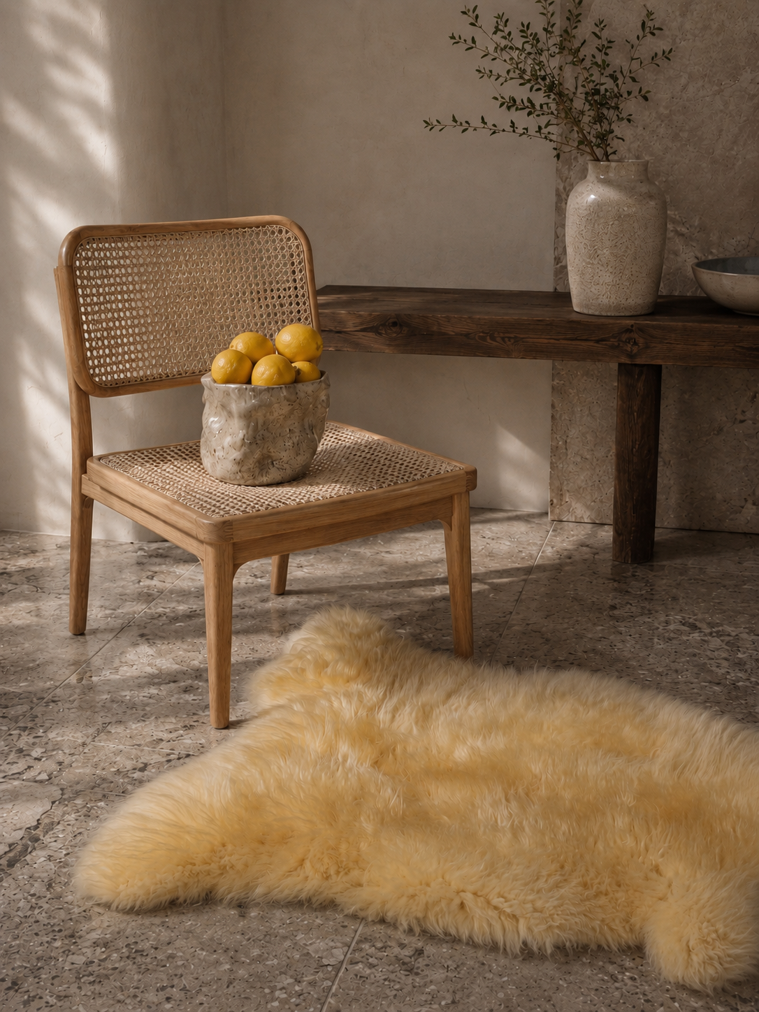 Long-haired medical sheepskin on the floor in front of a chair