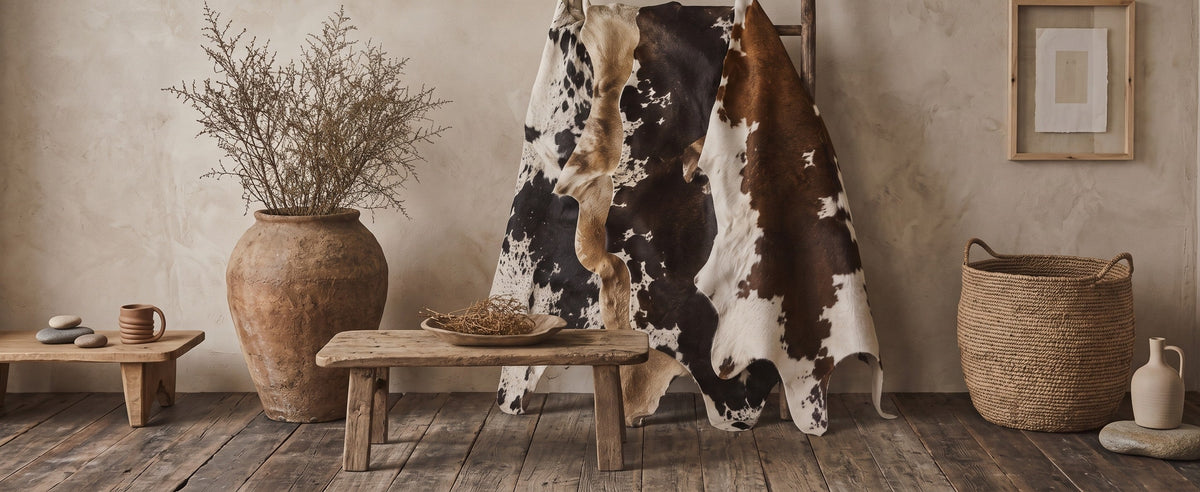 Brown and white cowhide rugs draped over a wooden rack in a rustic room
