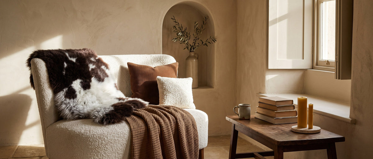 Sheepskin rug on a bouclé chair
