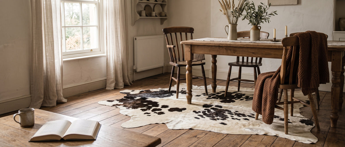 Black and white cowhide rug under a dining table