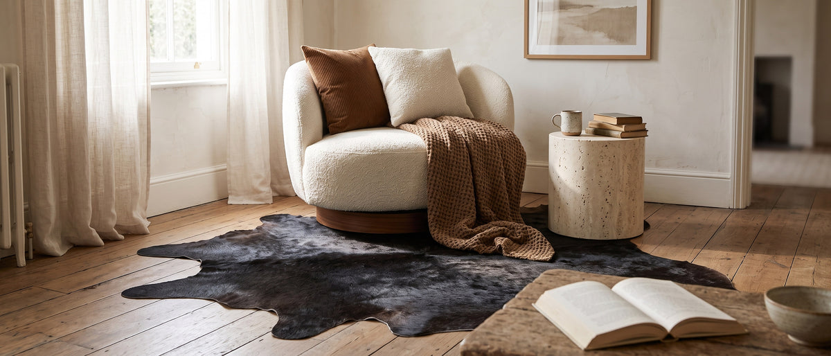 Black cowhide rug beside a bouclé chair