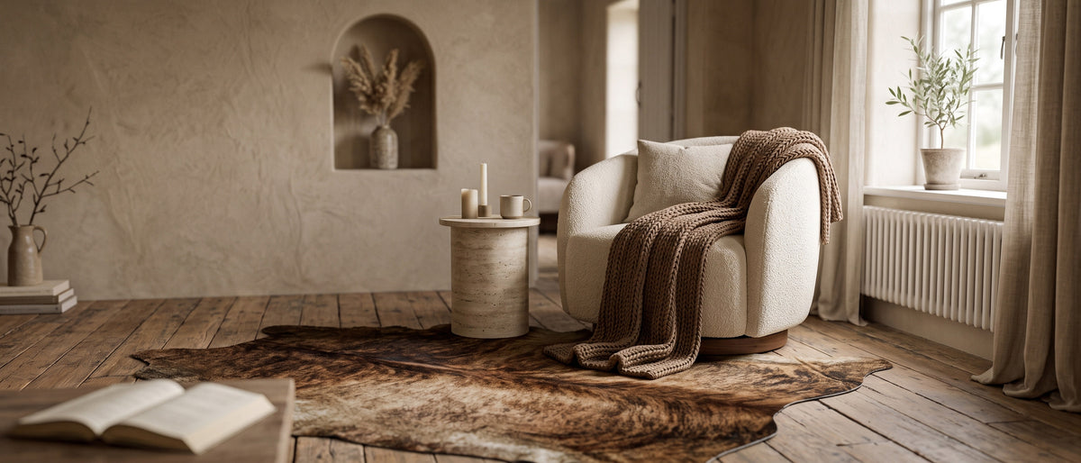 Brindle cowhide rug beside a bouclé armchair