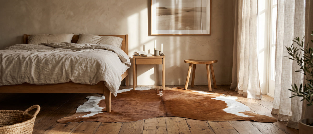 Brown and white cowhide rug beside an oak bed