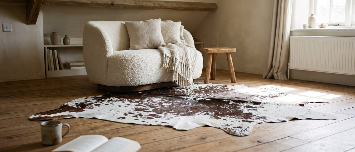 Cowhide rug beside a bouclé chair