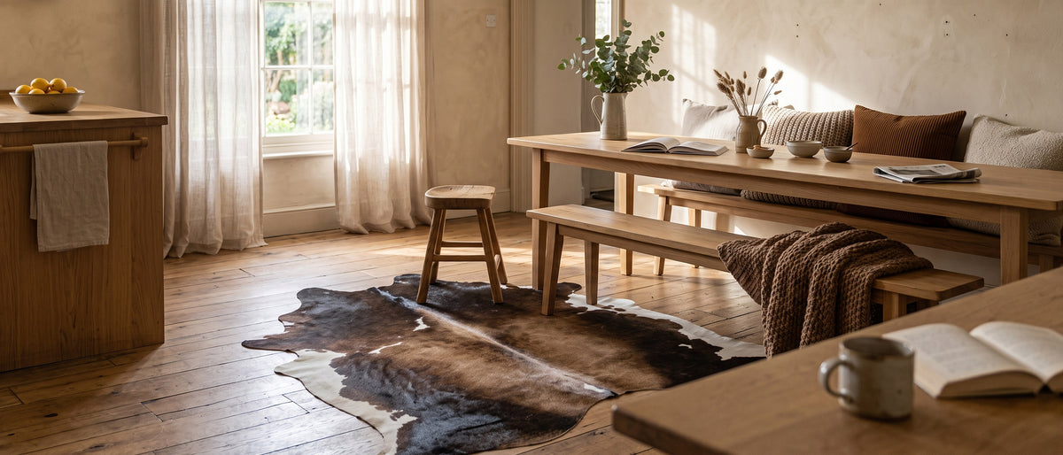 Cowhide rug in a kitchen dining area