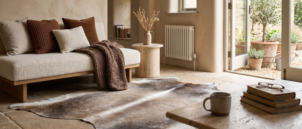 Cowhide rug on a stone floor in a bright living room