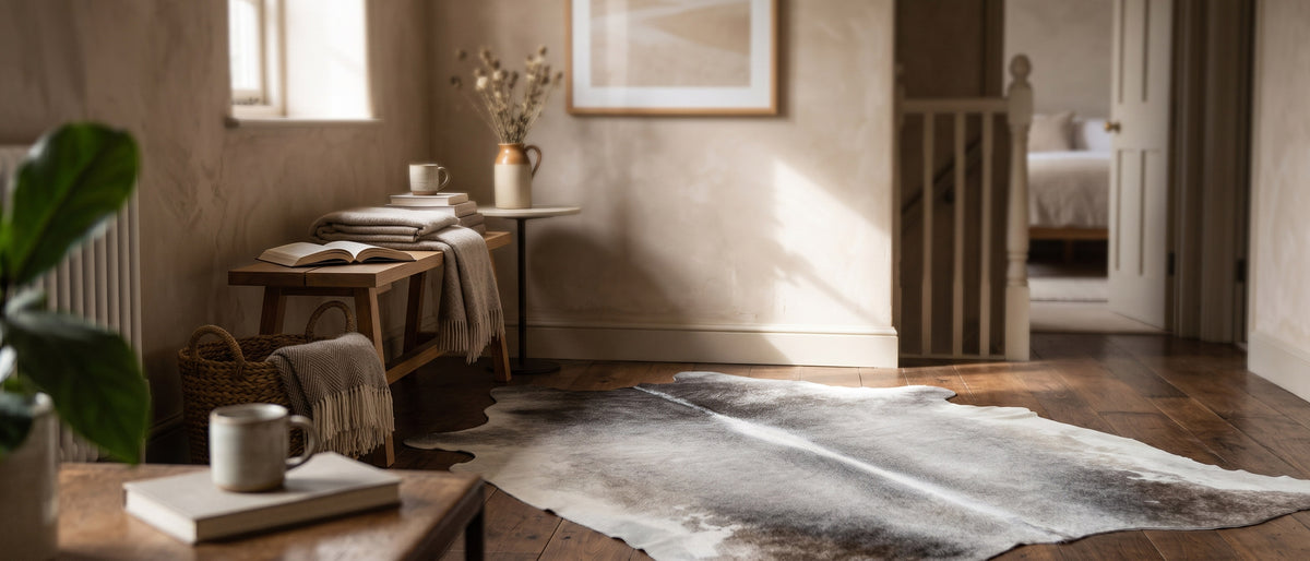 Grey cowhide rug in a hallway