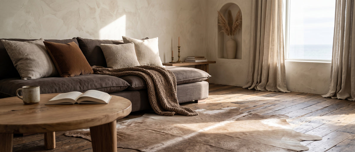Cowhide rug on a wooden floor in a sunlit living room