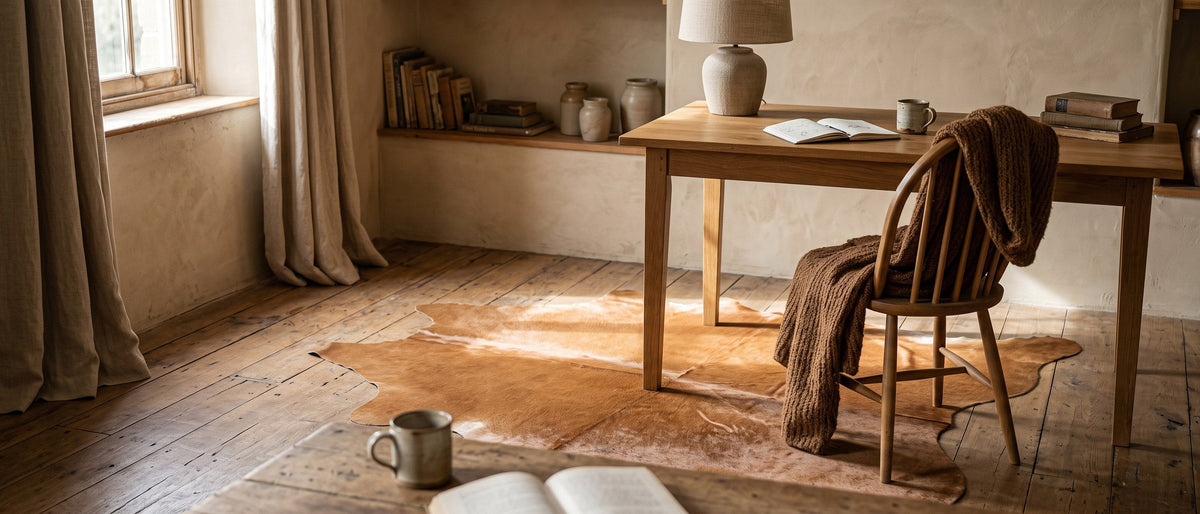 Brown cowhide rug under a desk in a study